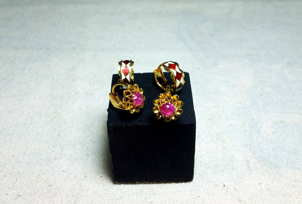 Gold Ruby Huggie Hoop Earrings 22k