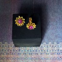 Gold Ruby Huggie Hoop Earrings 22k