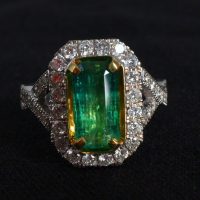 Long Art Deco Emerald Halo Ring 18k Vintage