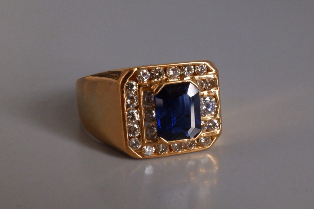 Blue Sapphire Diamond Pinky Ring Men 18k Vintage | Gem Gardener