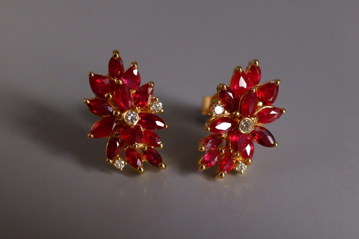 Gem Gardener, ruby earrings singapore, flower earrings singapore, ruby stud earrings gold, ruby wedding anniversary earrings, unique earrings singapore, statement earrings singapore, cocktail earrings singapore, red ruby earrings singapore, ruby jewellery singapore