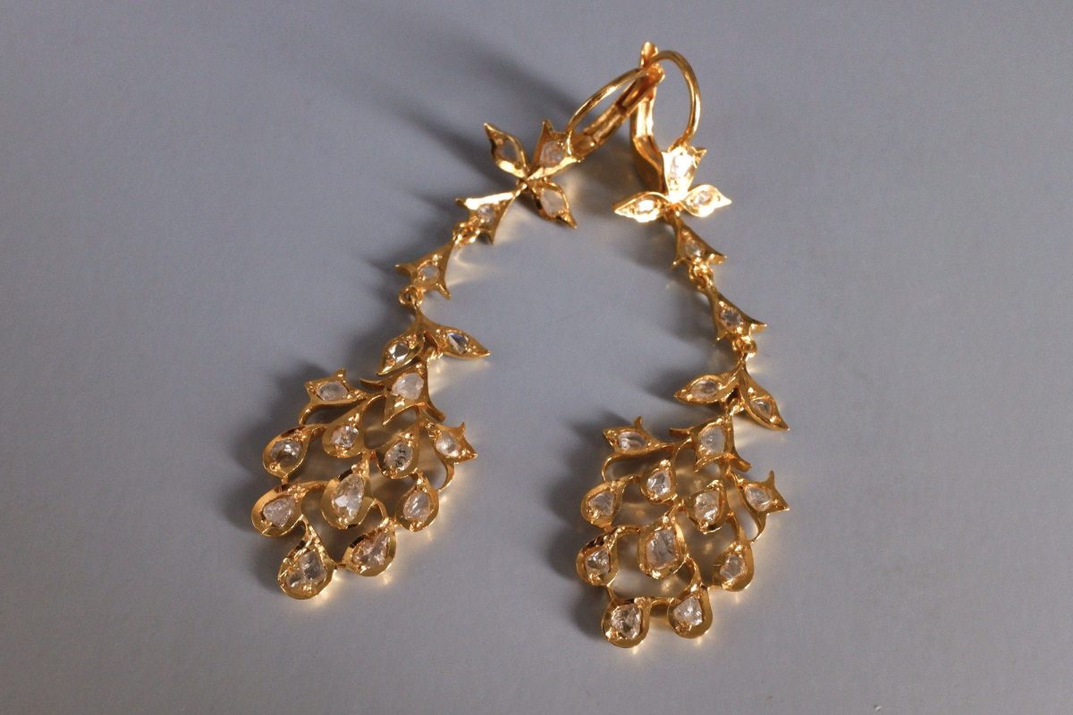 Antique Rose Cut Diamond Chandelier Earrings 20k Chinese