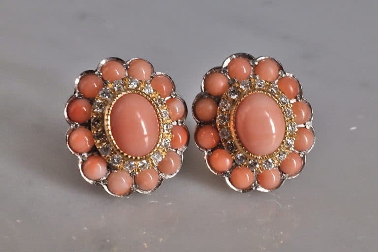 Coral Diamond Earrings, angel skin coral earrings, imperial jewellery, antique coral earrings for sale, conch pearl earrings, Gem Gardener
