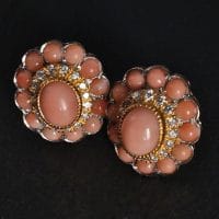 Coral Diamond Earrings, angel skin coral earrings, imperial jewellery, antique coral earrings for sale, conch pearl earrings, Gem Gardener