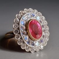 Pink Sapphire Double Halo Ring, heirloom engagement rings, double halo sapphire ring, pink sapphire diamond cluster ring, sapphire diamond and moonstone ring, statement rings singapore, sapphire moonstone ring, Gem Gardener
