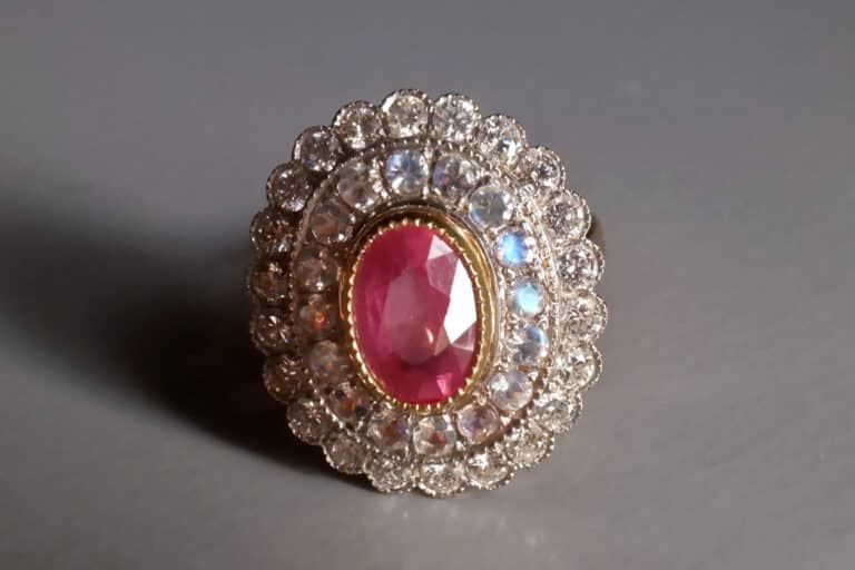 Pink Sapphire Double Halo Ring, heirloom engagement rings, double halo sapphire ring, pink sapphire diamond cluster ring, sapphire diamond and moonstone ring, statement rings singapore, sapphire moonstone ring, Gem Gardener
