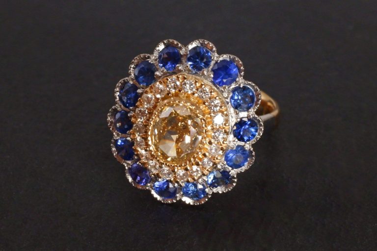 Diamond Sapphire Ring, double halo ring, sapphire double halo ring, blue sapphire diamond ring, sapphire cluster rings for sale, sapphire halo rings for sale, Gem Garderner