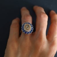 Diamond Sapphire Ring, double halo ring, sapphire double halo ring, blue sapphire diamond ring, sapphire cluster rings for sale, sapphire halo rings for sale, Gem Garderner