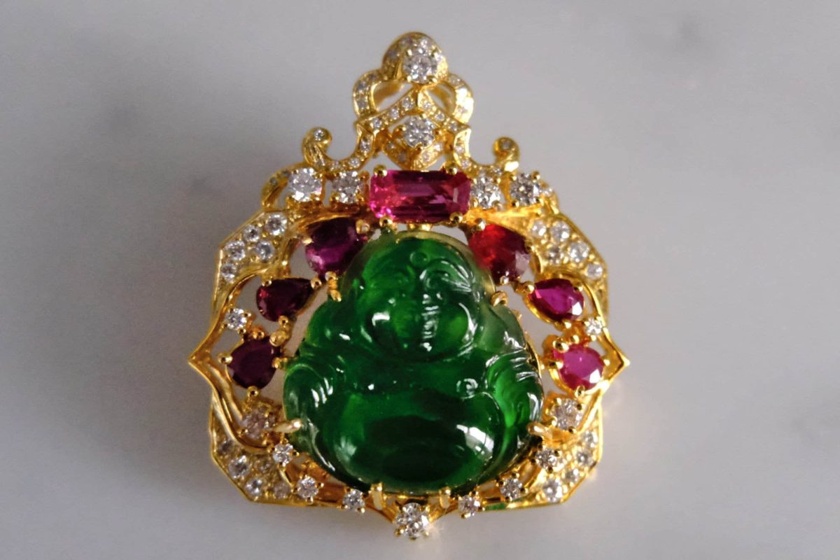 Imperial Jadeite Laughing Buddha Pendant 18k Ruby Diamond