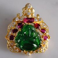 Imperial Jadeite Laughing Buddha Pendant 18k Ruby Diamond