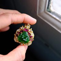 Imperial Jadeite Laughing Buddha Pendant 18k Ruby Diamond
