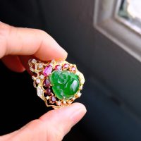 Imperial Jadeite Laughing Buddha Pendant 18k Ruby Diamond