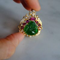 Imperial Jadeite Laughing Buddha Pendant 18k Ruby Diamond