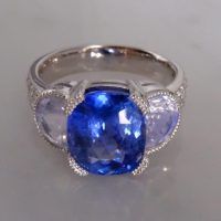 Gem Gardener, cornflower blue sapphire ring, blue sapphire moonstone ring, three stone ring, three stone ring with wedding band, unheated blue sapphire ring, blue sapphire ring singapore