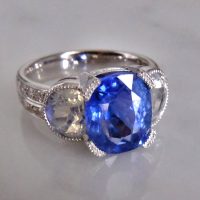 Gem Gardener, cornflower blue sapphire ring, blue sapphire moonstone ring, three stone ring, three stone ring with wedding band, unheated blue sapphire ring, blue sapphire ring singapore