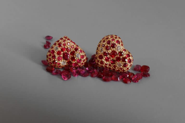 ruby and diamond heart earrings, heart ruby earrings stud, ruby heart earrings, ruby studs earrings yellow gold, puffy heart earrings, ruby earrings singapore, Gem Gardener