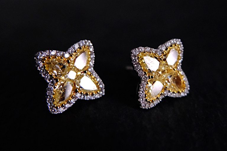 Gem Gardener, yellow diamond clover earrings, fancy yellow diamond stud earrings, diamond cluster clover stud earrings, diamond stud earrings singapore, clover shaped diamond earrings, fancy yellow diamond studs