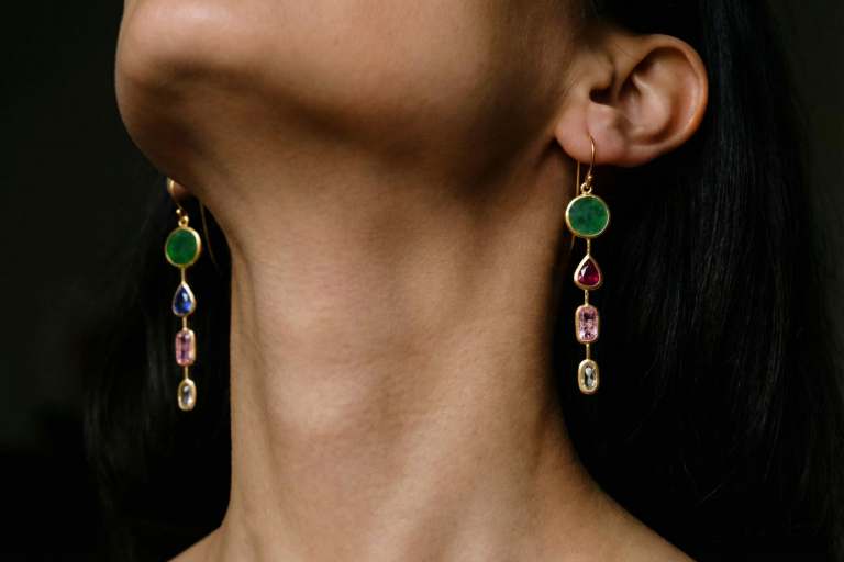 Gem Gardener, roman style gold earrings, medieval earrings, 24k gold dangle earrings, modernist gold earrings, handmade earrings singapore