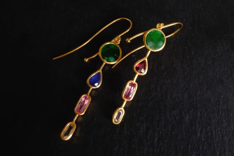 Gem Gardener, roman style gold earrings, medieval earrings, 24k gold dangle earrings, modernist gold earrings, handmade earrings singapore