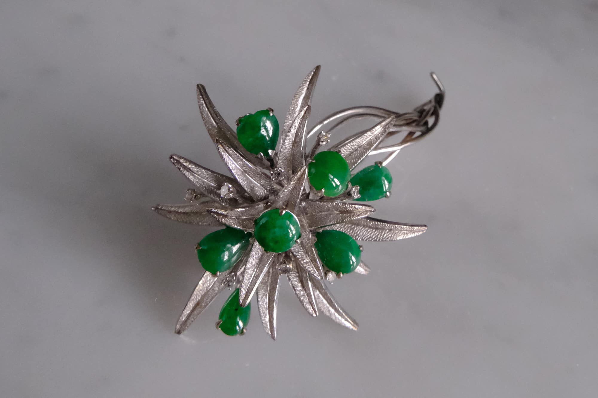 Green Jade Brooch, white gold jade brooch, bouquet flower brooch, palladium jewelry, peranakan jade jewellery, green jade brooches, Gem Gardener