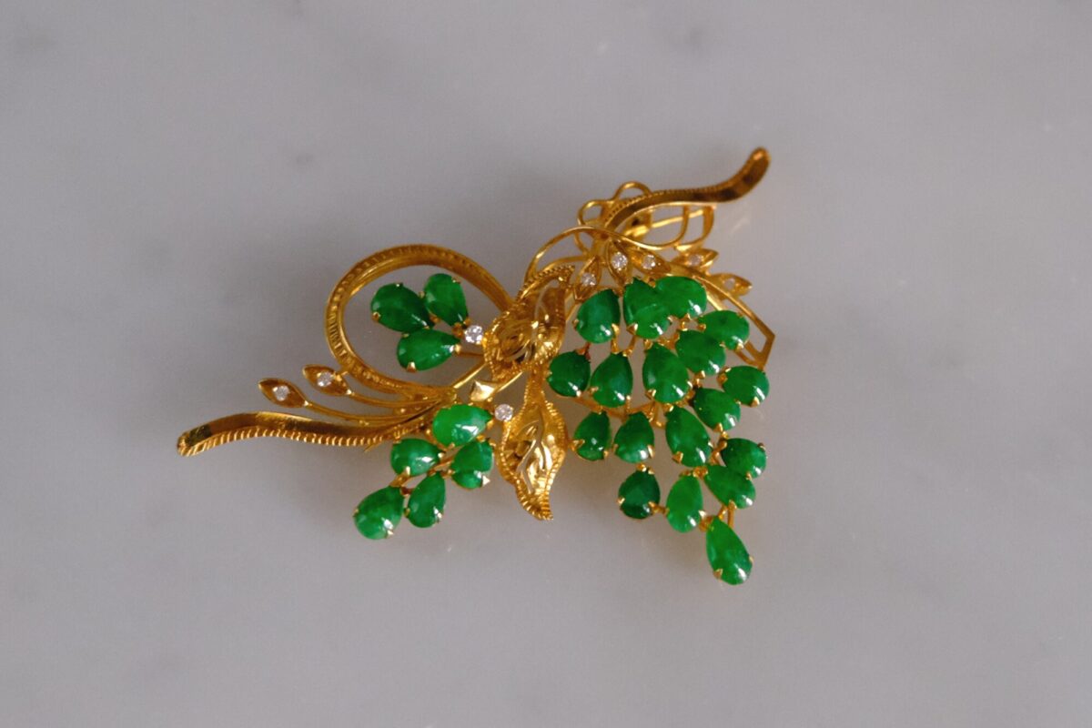 20k Art Nouveau Antique Chinese Jade Brooch Gem Gardener