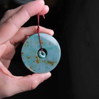Green Gold Specks Jadeite Jade Donut Carving Amulet