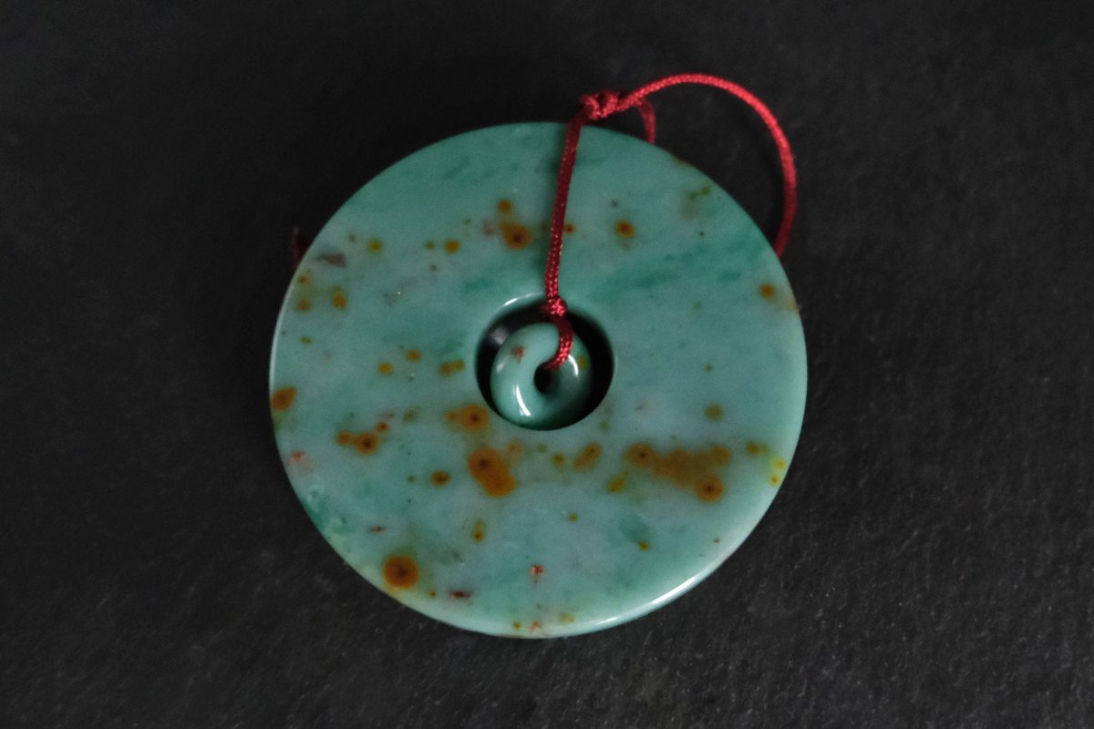 Green Gold Specks Jadeite Jade Donut Carving Amulet