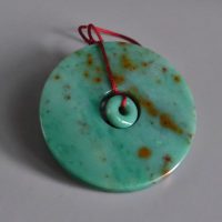 Green Gold Specks Jadeite Jade Donut Carving Amulet