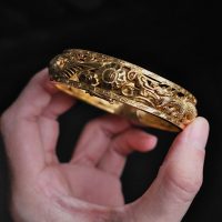 19th Century Dragon Phoenix Carved Gold Bangle Antique 22k