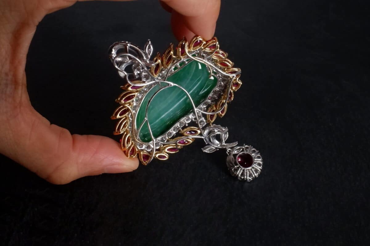 Qing Imperial Green Jade Pendant Ruby 18k Gem Gardener