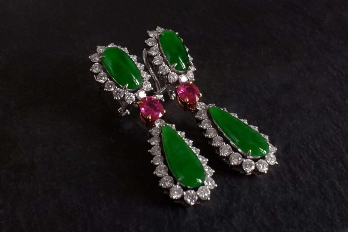 Jade Ruby Diamond Earrings, art deco jade earrings, art deco jewellery jade, art deco jade jewelry, jade jewellery singapore, chinese art deco, jade earrings singapore, Gem Gardener