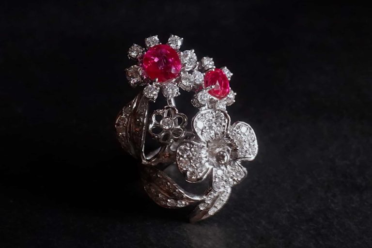 Ruby Flower Ring, burmese ruby ring, ruby statement ring, unheated burma ruby ring, flower ring white gold, unheated ruby ring, ruby ring singapore, Gem Gardener