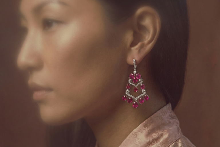 Ruby Chandelier Earrings, ruby jewelry dangle earrings, ruby earrings singapore, ruby drop earrings for sale, fan earrings art deco, fan earrings dangle, ruby diamond earrings, Gem Gardener