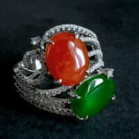 Green and Red Jade, red jadeite ring, toi et moi ring, two stone ring, jadeite ring singapore, vintage jade ring white gold, Gem Gardener