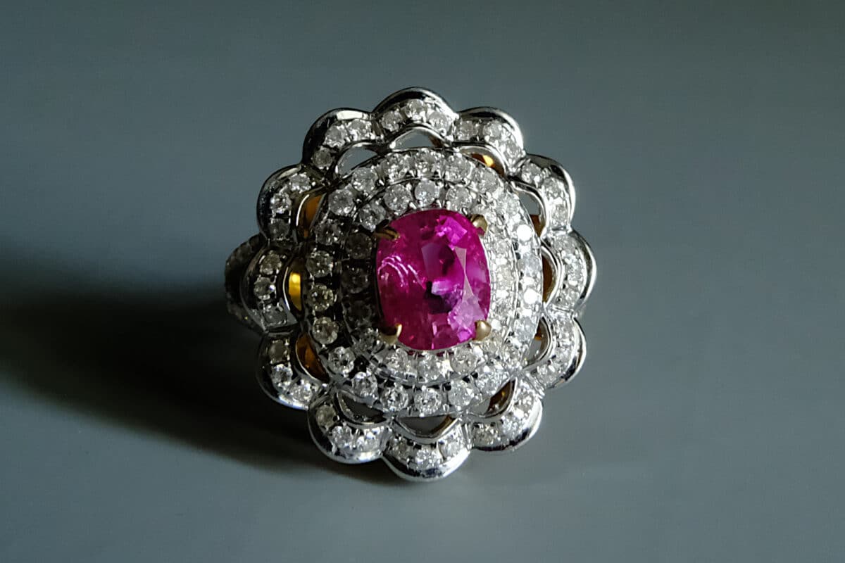vintage pink sapphire ring, burmese pink sapphire, hot pink sapphire ring, burma pink sapphire, pink sapphire ring with diamonds, pink sapphire ring singapore, vintage jewellery singapore, vintage rings singapore, Gem Gardener