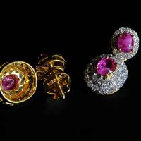 stud drop earrings gold, pink sapphire drop stud earrings, delicate earrings ruby, pink sapphire earrings gold, pink sapphire earrings yellow gold, small sapphire drop earrings, ruby earrings singapore, sapphire earrings singapore, Gem Gardener