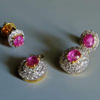 stud drop earrings gold, pink sapphire drop stud earrings, delicate earrings ruby, pink sapphire earrings gold, pink sapphire earrings yellow gold, small sapphire drop earrings, ruby earrings singapore, sapphire earrings singapore, Gem Gardener