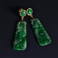 Carved Jade Drop Earrings, antique chinese jade earrings, vintage jade earrings for sale, carved jadeite earrings, green jade dangle earrings, jadeite jade dangle earrings, jadeite earrings singapore, Gem Gardener