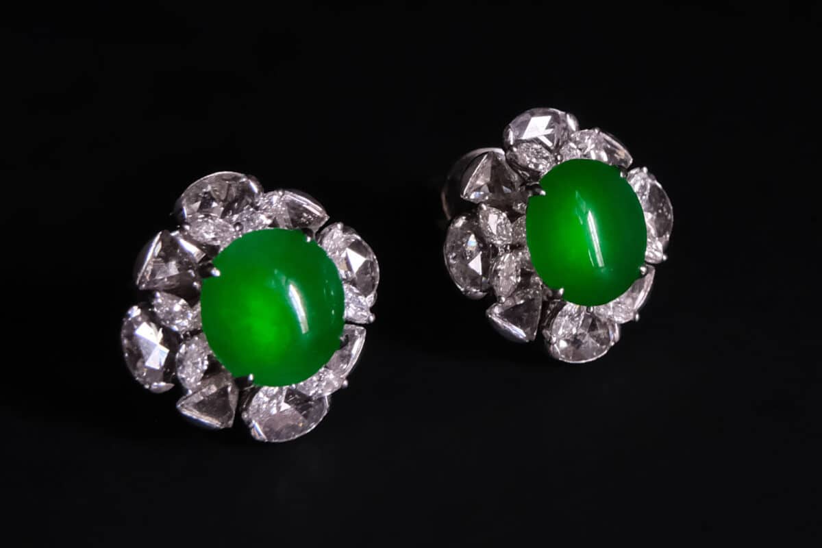 Glassy Jadeite, 翡翠, 玻璃种, jade stud earrings singapore, ice jade earrings, icy green jade, icy green jadeite, green jadeite stud earrings, jade jewellery singapore, Gem Gardener