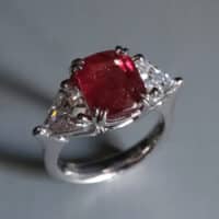 three stone ruby and diamond ring, 5 carat ruby ring, unheated ruby ring, unheated mozambique ruby ring, ruby ring singapore, red ruby singapore, ruby engagement ring singapore, ruby jewellery singapore, Gem Gardener