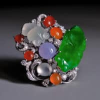 Large Harlequin Green Red Icy Jade Ring 18k