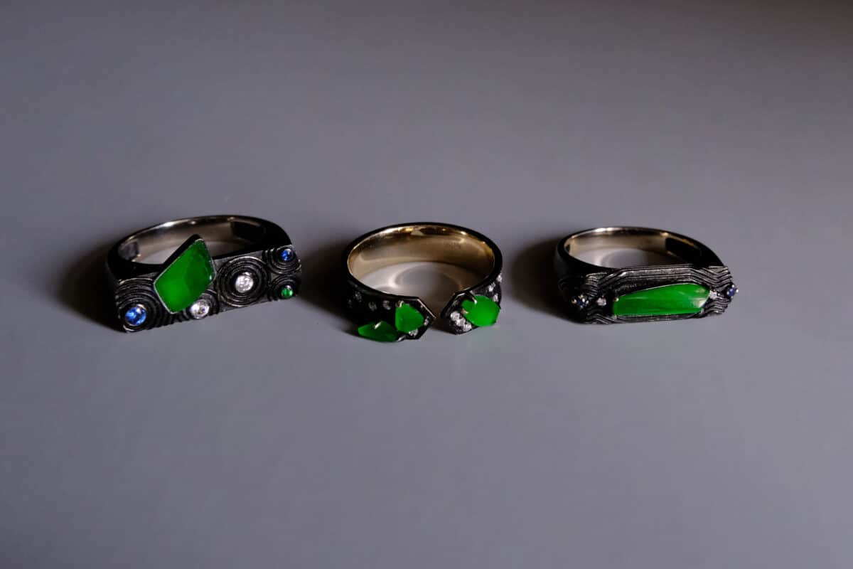 3 Imperial Green Jade Rings 18k Black Gold Gem Gardener
