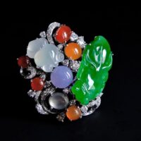 Large Harlequin Green Red Icy Jade Ring 18k