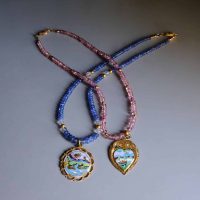 Vintage Enamel Pendant Necklace, antique chinese enamel, antique chinese jewelry, vintage enamel heart necklace, antique enamel charms, vintage enamel pendants, chinese wedding jewelry set gold, enamel pendant necklace gold, Gem Gardener