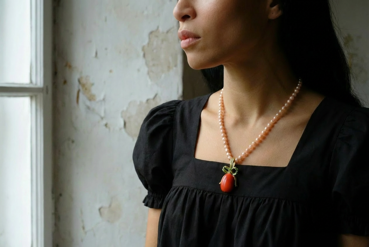 Red Coral Pendant Necklace, coral pearl necklace gold, red coral and pearl pendant, large red coral pendant, red coral singapore, single coral pendant, bow necklace gold, ribbon pendant necklace, Gem Gardener