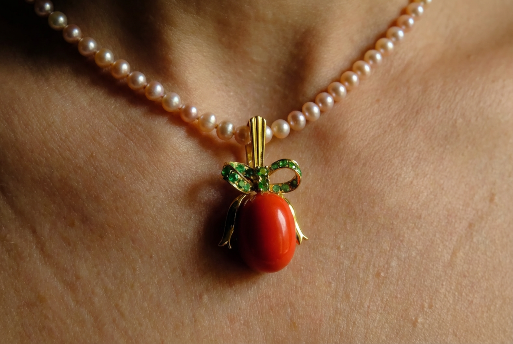 Red Coral Pendant Necklace, coral pearl necklace gold, red coral and pearl pendant, large red coral pendant, red coral singapore, single coral pendant, bow necklace gold, ribbon pendant necklace, Gem Gardener