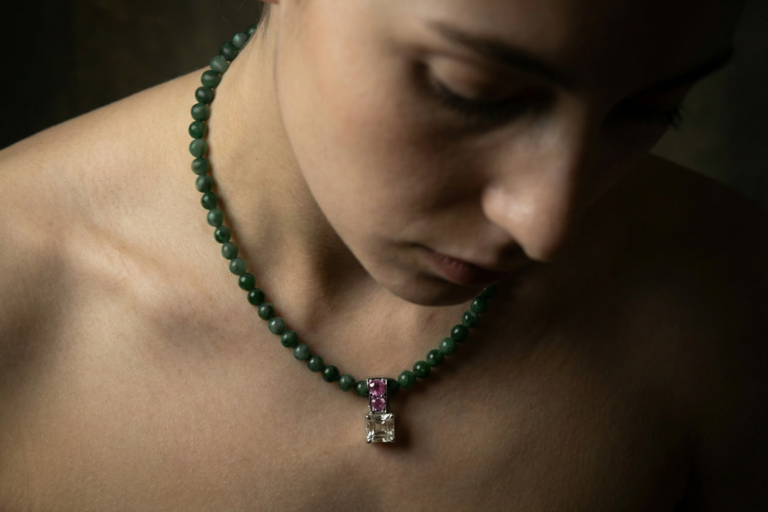 grey diamond pendant, diamond pendant singapore, dark green jade bead necklace, diamond pendant necklace singapore, 3ct diamond pendant, 3ct natural diamond pendant, 3ct square diamond, pendant bead necklace, jade bead necklace singapore, Gem Gardener